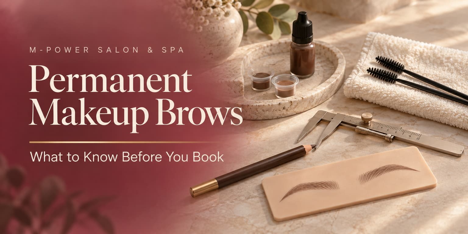 Brow practice pad, pigment cups, brow brushes, pencil, and measuring caliper on a spa table.