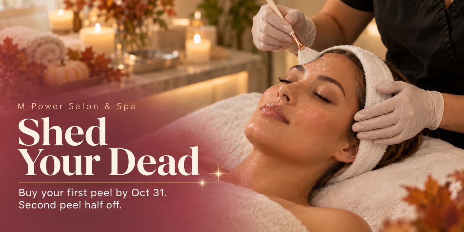 Esthetician's gloved hands applying a chemical peel with a fan brush to a relaxed client in a candlelit fall spa